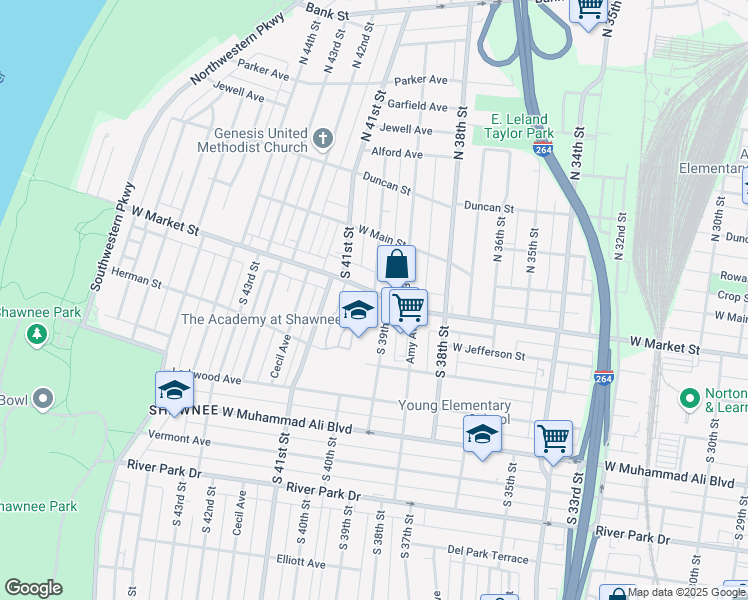 map of restaurants, bars, coffee shops, grocery stores, and more near 3918 West Market Street in Louisville