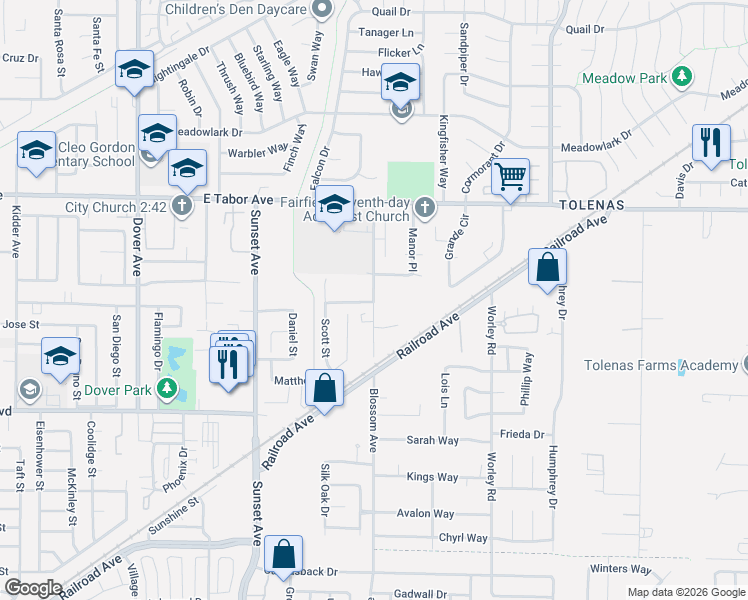map of restaurants, bars, coffee shops, grocery stores, and more near 1850 Blossom Avenue in Fairfield