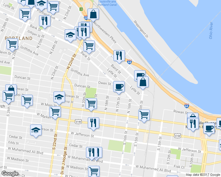 map of restaurants, bars, coffee shops, grocery stores, and more near 303 North 18th Street in Louisville