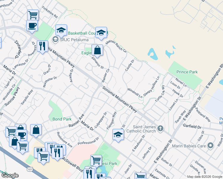 map of restaurants, bars, coffee shops, grocery stores, and more near 452 Brittania Ct in Petaluma