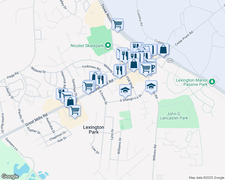 map of restaurants, bars, coffee shops, grocery stores, and more near 21682 Eric Road in Lexington Park