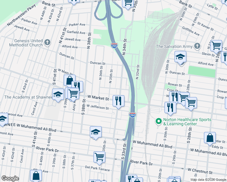 map of restaurants, bars, coffee shops, grocery stores, and more near 3408 West Main Street in Louisville