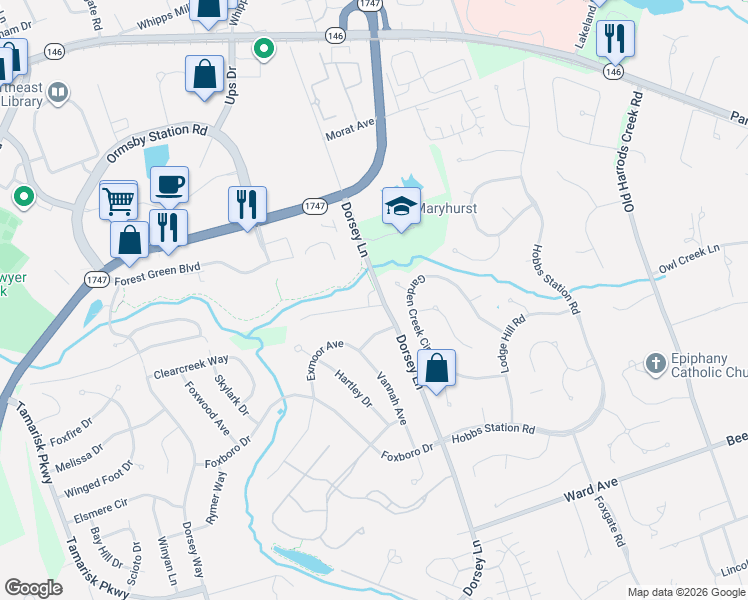 map of restaurants, bars, coffee shops, grocery stores, and more near 1303 Forest Garden Court in Louisville