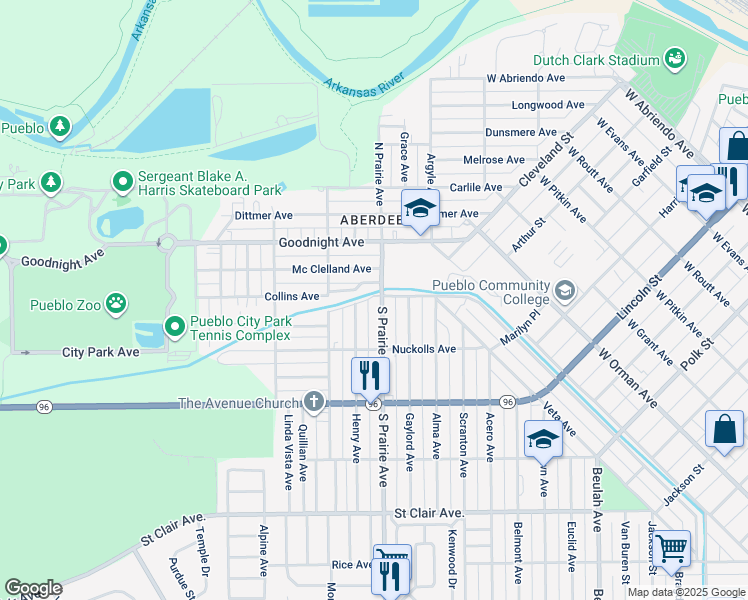 map of restaurants, bars, coffee shops, grocery stores, and more near 406 Collins Avenue in Pueblo