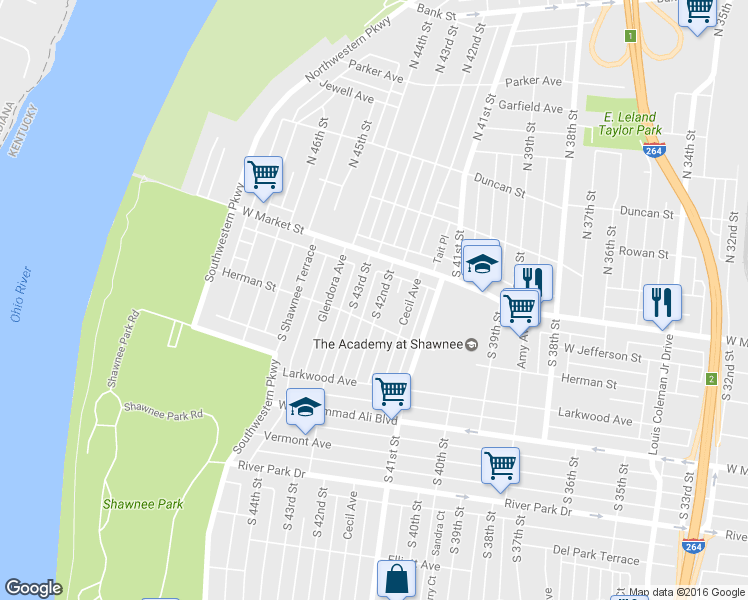 map of restaurants, bars, coffee shops, grocery stores, and more near 230 South 42nd Street in Louisville
