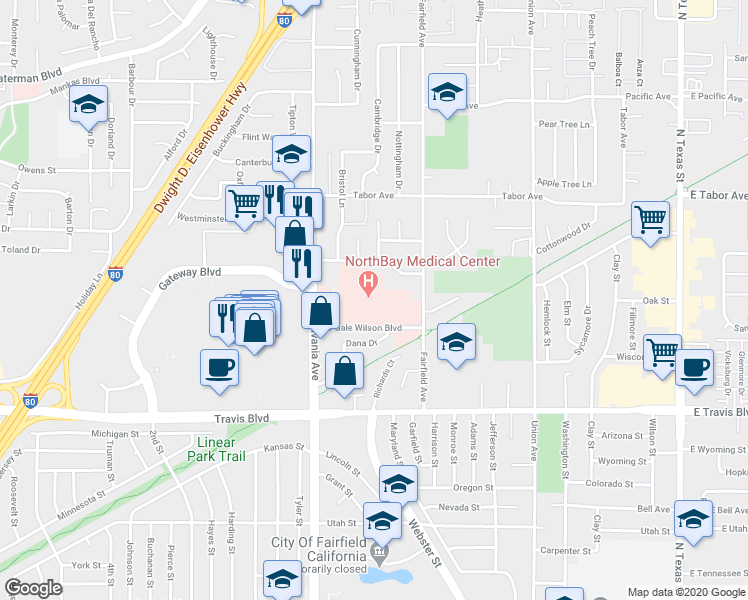 map of restaurants, bars, coffee shops, grocery stores, and more near 1200 B Gale Wilson Boulevard in Fairfield