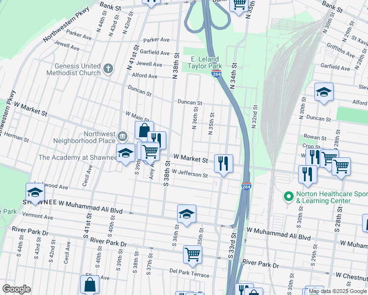 map of restaurants, bars, coffee shops, grocery stores, and more near 113 South 37th Street in Louisville