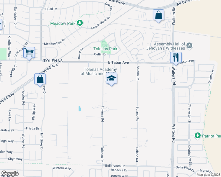 map of restaurants, bars, coffee shops, grocery stores, and more near 4500 Tolenas Road in Fairfield