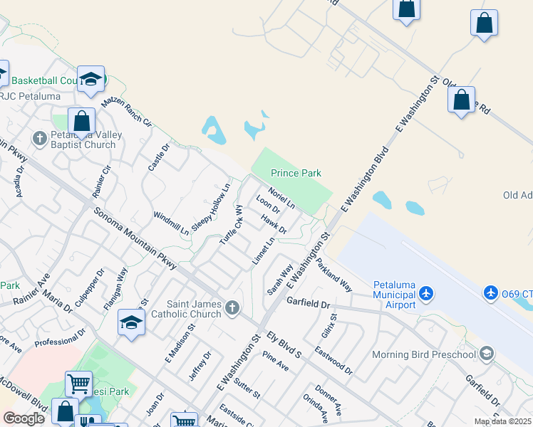 map of restaurants, bars, coffee shops, grocery stores, and more near 508 Hawk Drive in Petaluma