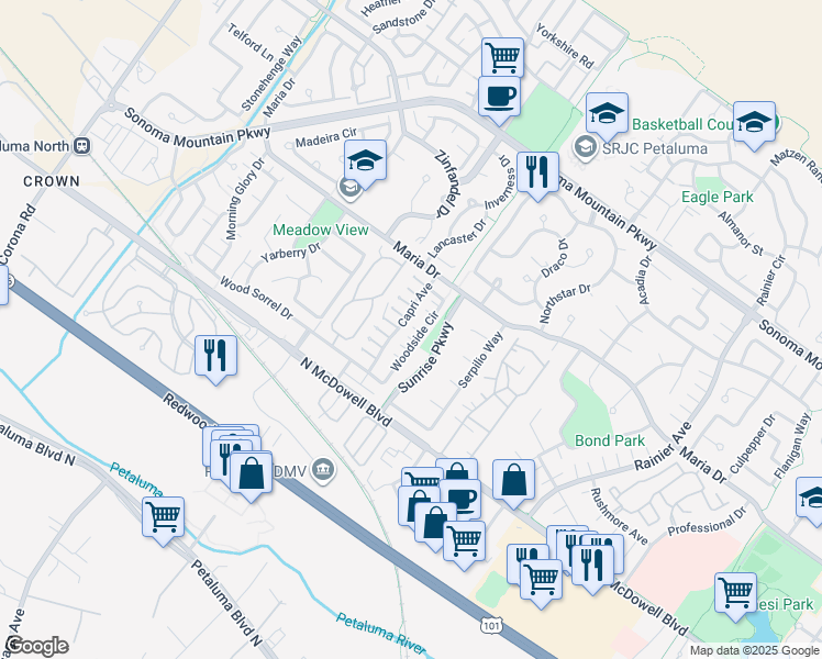 map of restaurants, bars, coffee shops, grocery stores, and more near 1437 Woodside Circle in Petaluma