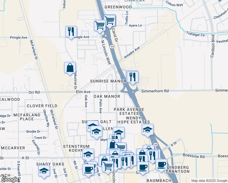 map of restaurants, bars, coffee shops, grocery stores, and more near 398 North Lincoln Way in Galt