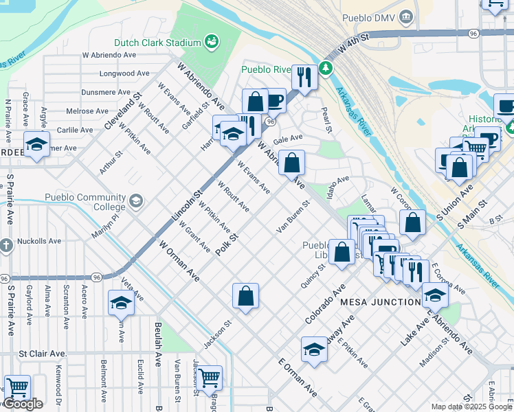 map of restaurants, bars, coffee shops, grocery stores, and more near 223 Polk Street in Pueblo