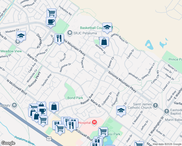 map of restaurants, bars, coffee shops, grocery stores, and more near 538 Acadia Drive in Petaluma