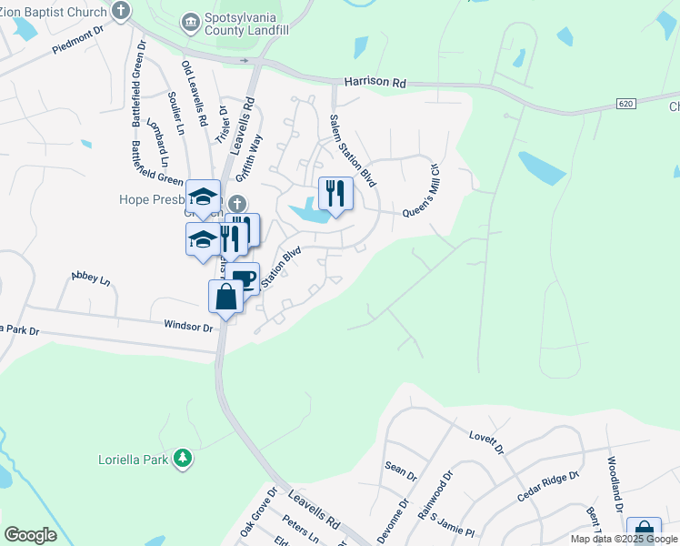 map of restaurants, bars, coffee shops, grocery stores, and more near 11170 Hamlet Court in Fredericksburg