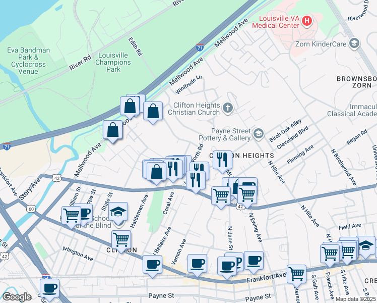 map of restaurants, bars, coffee shops, grocery stores, and more near 415 James Road in Louisville
