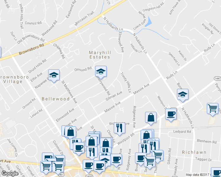 map of restaurants, bars, coffee shops, grocery stores, and more near 4066 Elmwood Avenue in Louisville