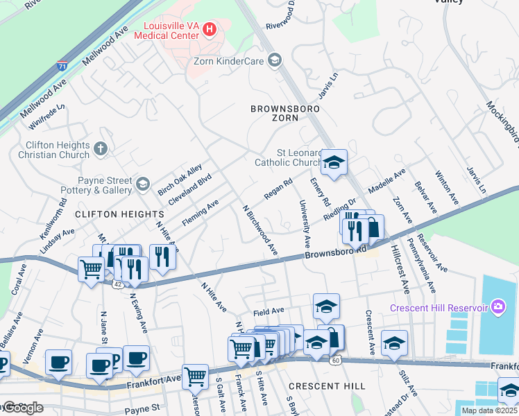 map of restaurants, bars, coffee shops, grocery stores, and more near 2838 Regan Avenue in Louisville