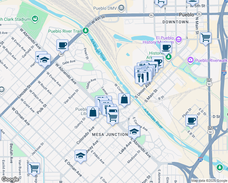map of restaurants, bars, coffee shops, grocery stores, and more near in Pueblo