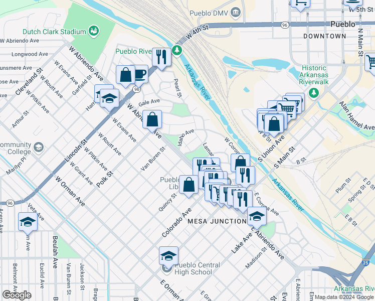 map of restaurants, bars, coffee shops, grocery stores, and more near 105 Jewell Avenue in Pueblo