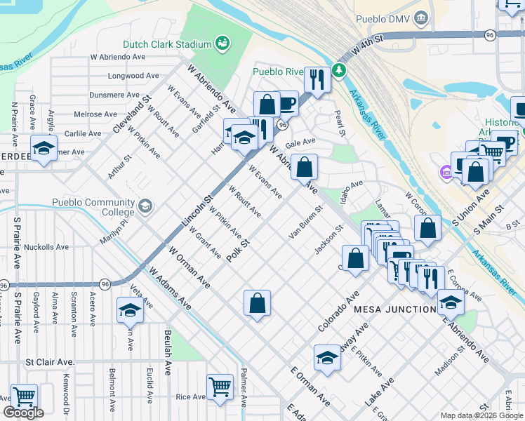 map of restaurants, bars, coffee shops, grocery stores, and more near 518 West Routt Avenue in Pueblo
