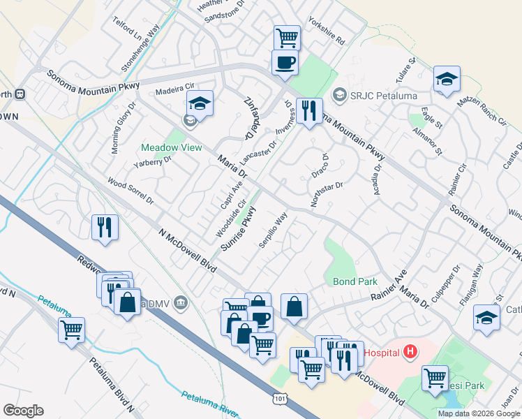 map of restaurants, bars, coffee shops, grocery stores, and more near 1488 Sunrise Parkway in Petaluma