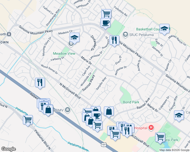 map of restaurants, bars, coffee shops, grocery stores, and more near 1488 Sunrise Parkway in Petaluma