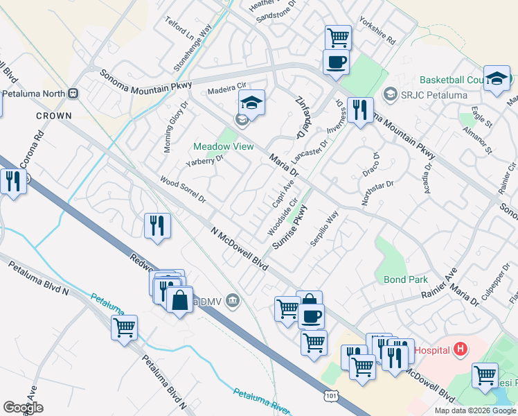 map of restaurants, bars, coffee shops, grocery stores, and more near 1429 Capri Avenue in Petaluma