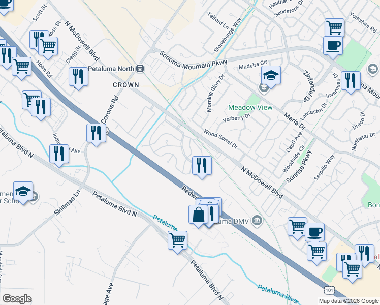 map of restaurants, bars, coffee shops, grocery stores, and more near 113 Petaluma Way in Petaluma