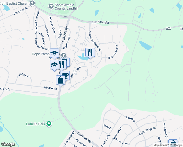 map of restaurants, bars, coffee shops, grocery stores, and more near 11170 Hamlet Court in Fredericksburg