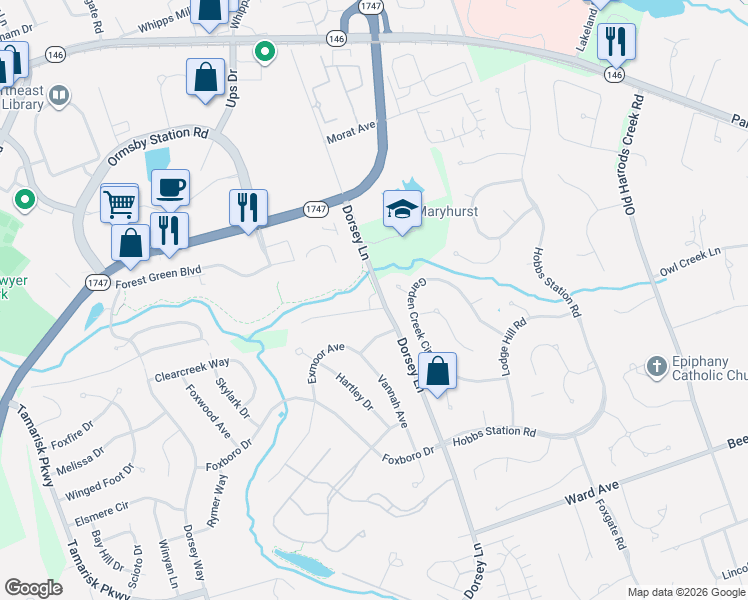 map of restaurants, bars, coffee shops, grocery stores, and more near 1303 Forest Garden Court in Louisville
