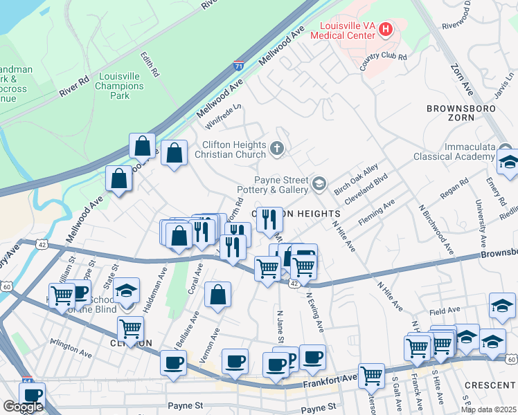 map of restaurants, bars, coffee shops, grocery stores, and more near in Louisville