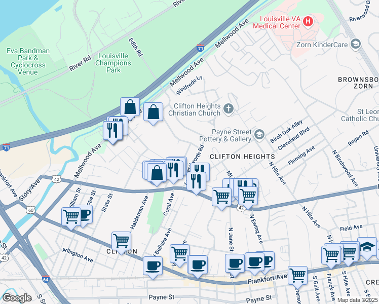 map of restaurants, bars, coffee shops, grocery stores, and more near 415 James Road in Louisville