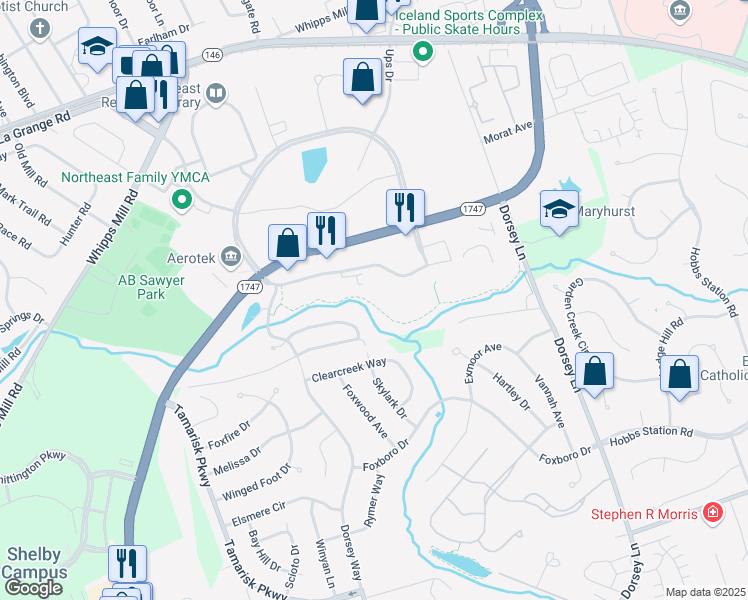 map of restaurants, bars, coffee shops, grocery stores, and more near 10000 Forest Green Boulevard in Louisville