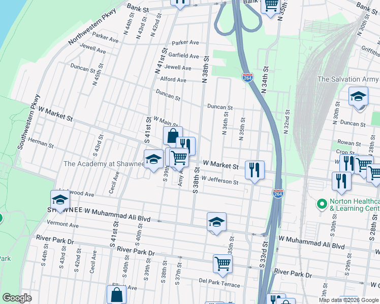 map of restaurants, bars, coffee shops, grocery stores, and more near 3801 West Market Street in Louisville