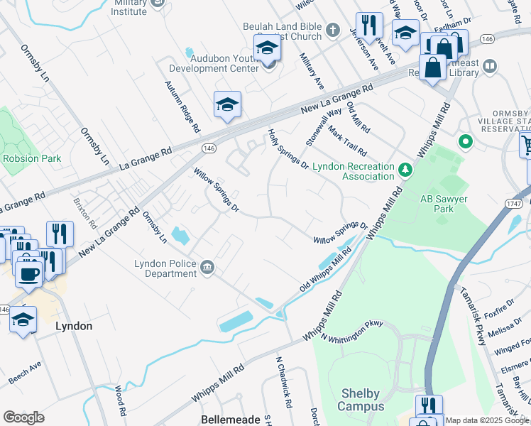 map of restaurants, bars, coffee shops, grocery stores, and more near 8903 Willow Springs Drive in Louisville
