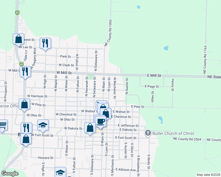map of restaurants, bars, coffee shops, grocery stores, and more near 100 East Pleasant Street in Butler