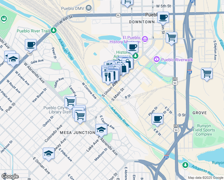 map of restaurants, bars, coffee shops, grocery stores, and more near 400 S Union Ave in Pueblo