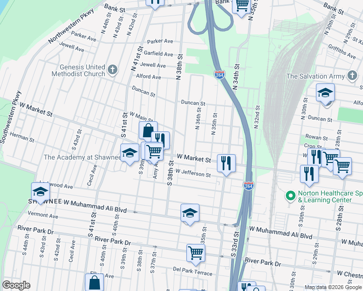 map of restaurants, bars, coffee shops, grocery stores, and more near 113 South 37th Street in Louisville
