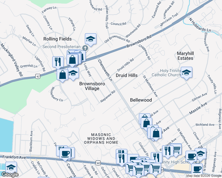 map of restaurants, bars, coffee shops, grocery stores, and more near 300 Chenoweth Lane in Louisville