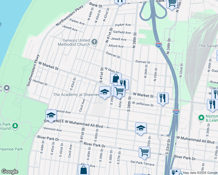 map of restaurants, bars, coffee shops, grocery stores, and more near 3918 West Market Street in Louisville