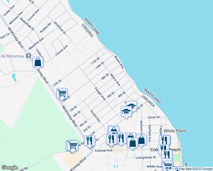 map of restaurants, bars, coffee shops, grocery stores, and more near 134 7th Street in Colonial Beach
