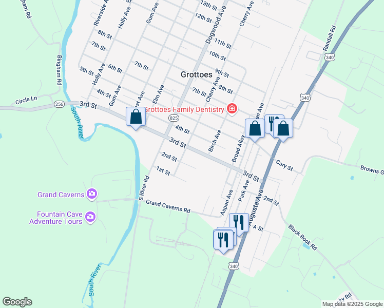 map of restaurants, bars, coffee shops, grocery stores, and more near 206 2nd Street in Grottoes