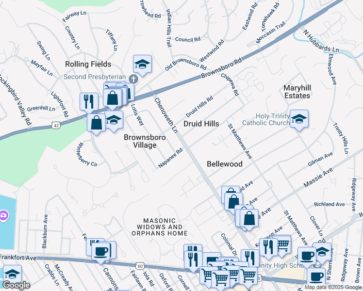 map of restaurants, bars, coffee shops, grocery stores, and more near 300 Chenoweth Lane in Louisville
