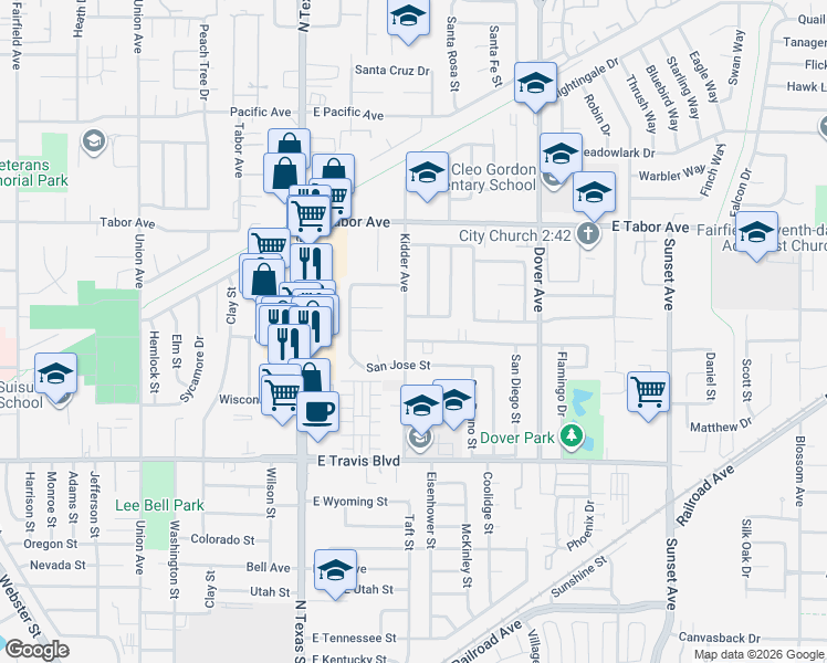 map of restaurants, bars, coffee shops, grocery stores, and more near 1800 Kidder Avenue in Fairfield
