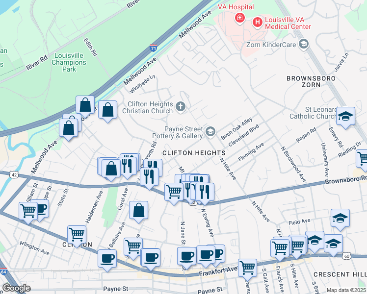 map of restaurants, bars, coffee shops, grocery stores, and more near 2609 Lindsay Avenue in Louisville