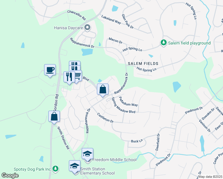 map of restaurants, bars, coffee shops, grocery stores, and more near 7001 Silent Spring Lane in Fredericksburg