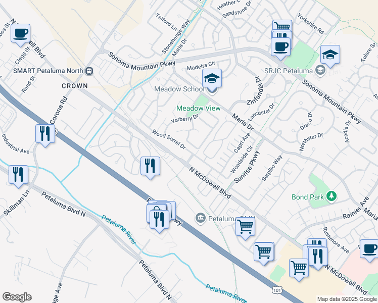 map of restaurants, bars, coffee shops, grocery stores, and more near 815 Wood Sorrel Drive in Petaluma