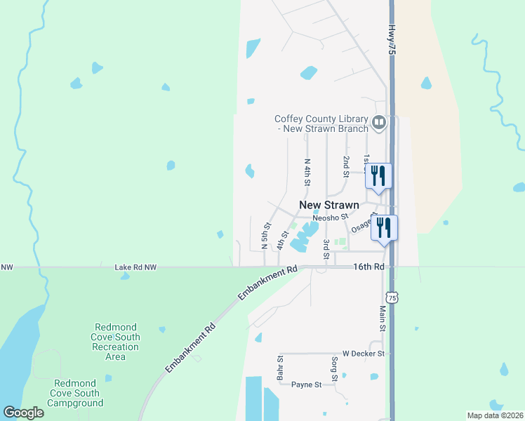 map of restaurants, bars, coffee shops, grocery stores, and more near 141 North 5th Street in New Strawn