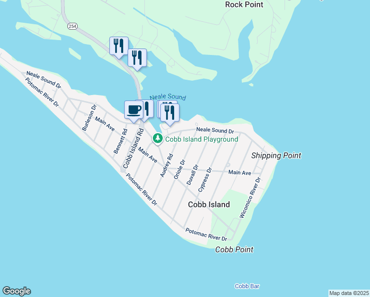 map of restaurants, bars, coffee shops, grocery stores, and more near 17535 Oriole Drive in Cobb Island