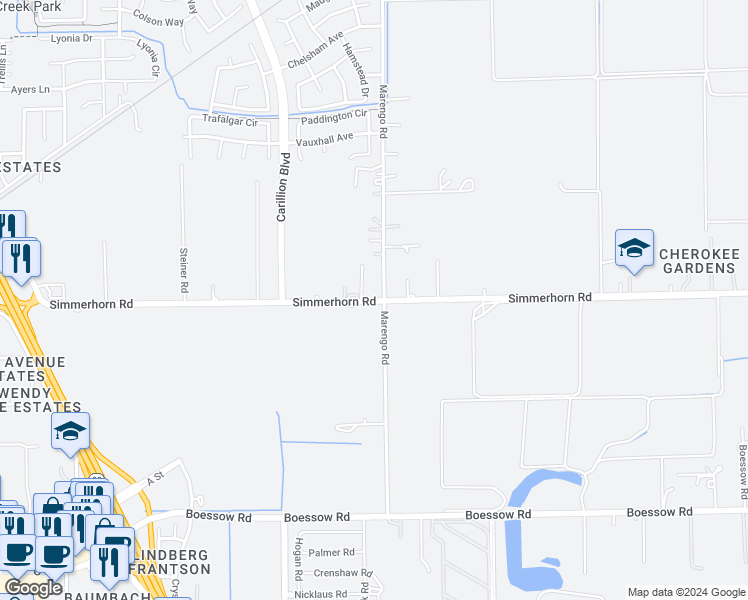 map of restaurants, bars, coffee shops, grocery stores, and more near 10885 Simmerhorn Road in Galt